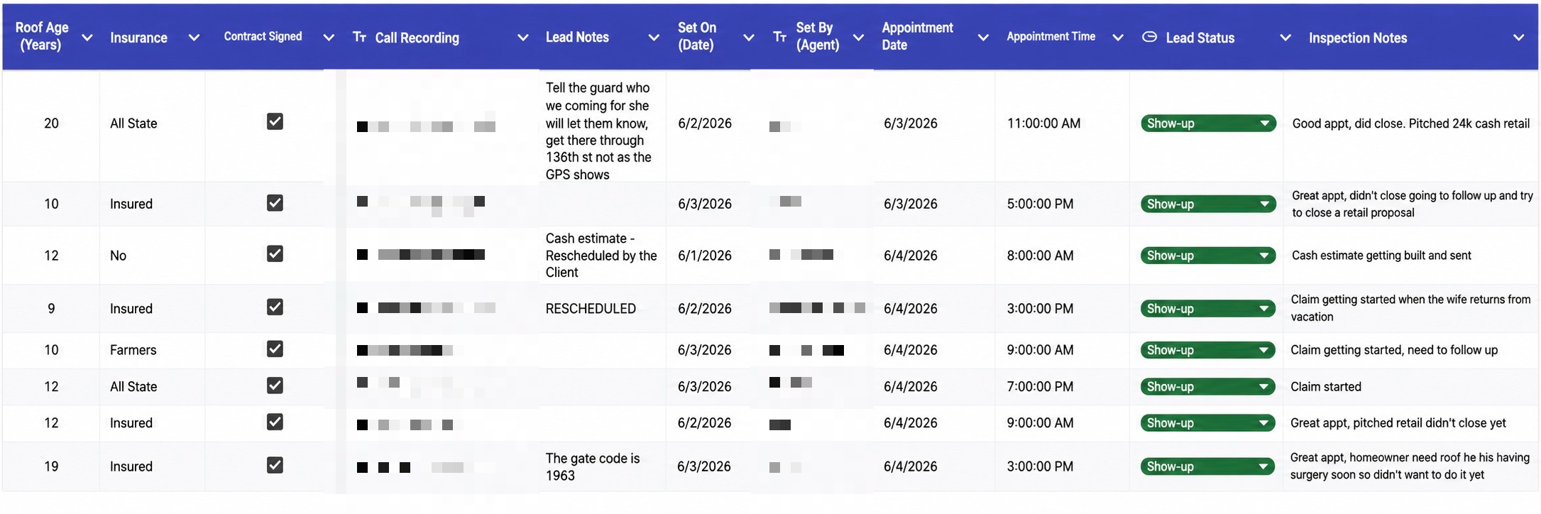 CRM table of live booked roofing appointments with homeowner and agent columns redacted