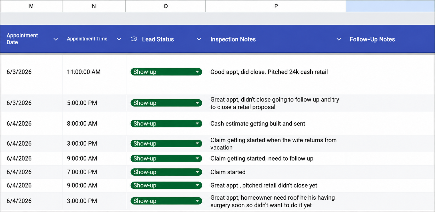CRM table of appointment outcomes and inspection notes with closes and claims started